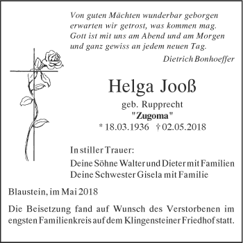 Traueranzeige von Helga Jooß von SÜDWEST PRESSE Ausgabe Ulm/Neu-Ulm
