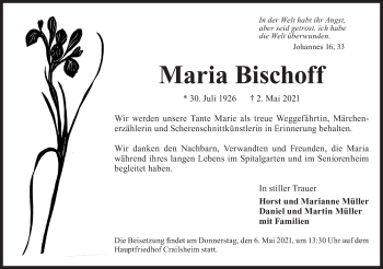 Traueranzeige von Maria Bischoff von Hohenloher Tagblatt