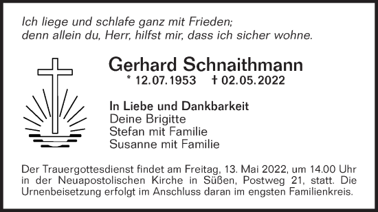 Traueranzeige von Gerhard Schnaithmann von NWZ Neue Württembergische Zeitung/Geislinger Zeitung