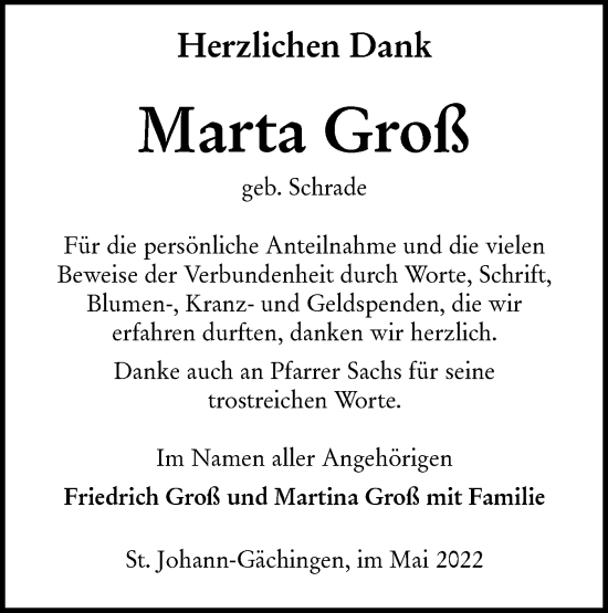 Traueranzeige von Marta Groß von Alb-Bote/Metzinger-Uracher Volksblatt