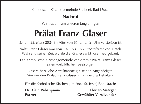 Traueranzeige von Franz Glaser von Alb-Bote/Metzinger-Uracher Volksblatt