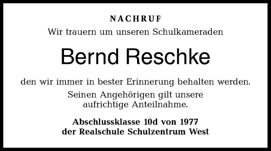 Traueranzeige von Bernd Reschke von Haller Tagblatt/Haller Tagblatt