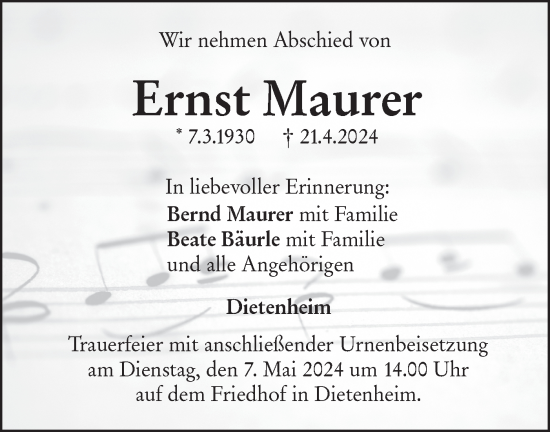 Traueranzeige von Ernst Maurer von SÜDWEST PRESSE Ausgabe Ulm/Neu-Ulm