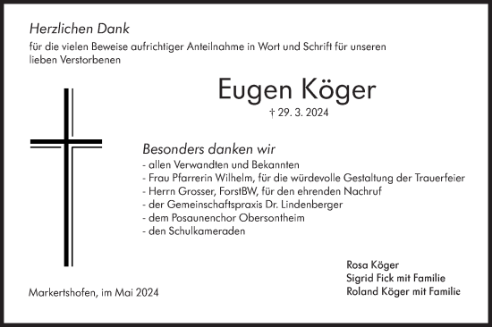 Traueranzeige von Eugen Köger von Haller Tagblatt/Hohenloher Tagblatt