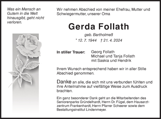 Traueranzeige von Gerda Follath von Hohenloher Tagblatt