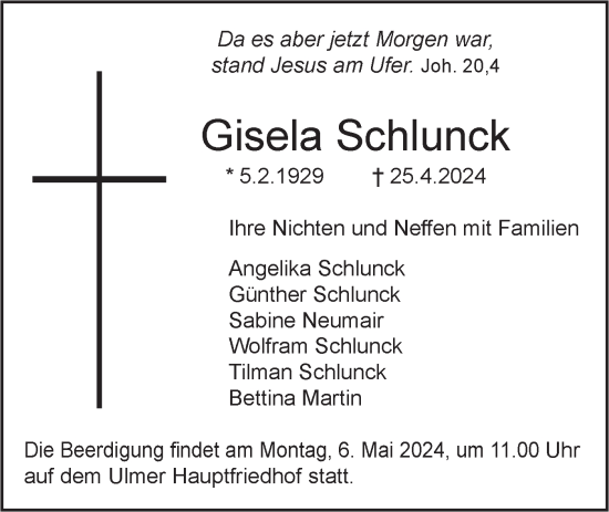Traueranzeige von Gisela Schlunck von SÜDWEST PRESSE Ausgabe Ulm/Neu-Ulm