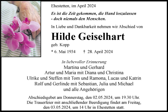 Traueranzeige von Hilde Geiselhart von Alb-Bote/Metzinger-Uracher Volksblatt