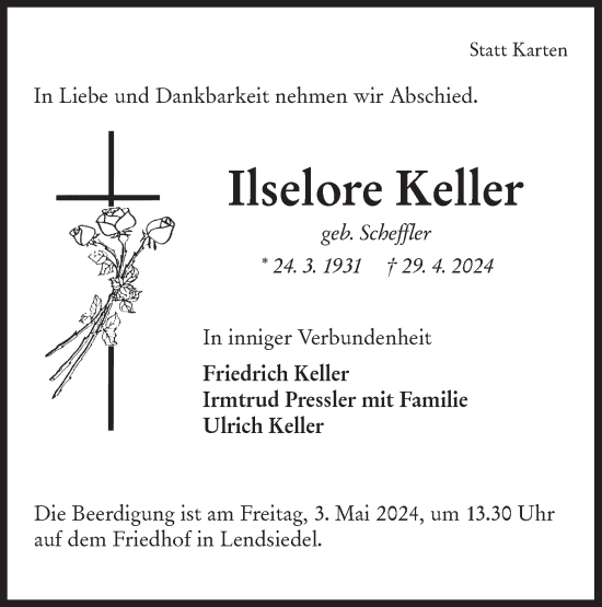 Traueranzeige von Ilselore Keller von Hohenloher Tagblatt