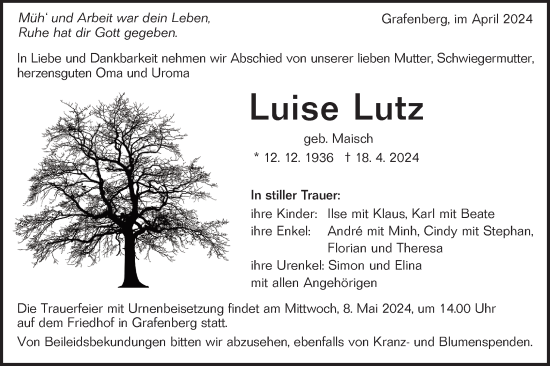 Traueranzeige von Luise Lutz von Alb-Bote/Metzinger-Uracher Volksblatt